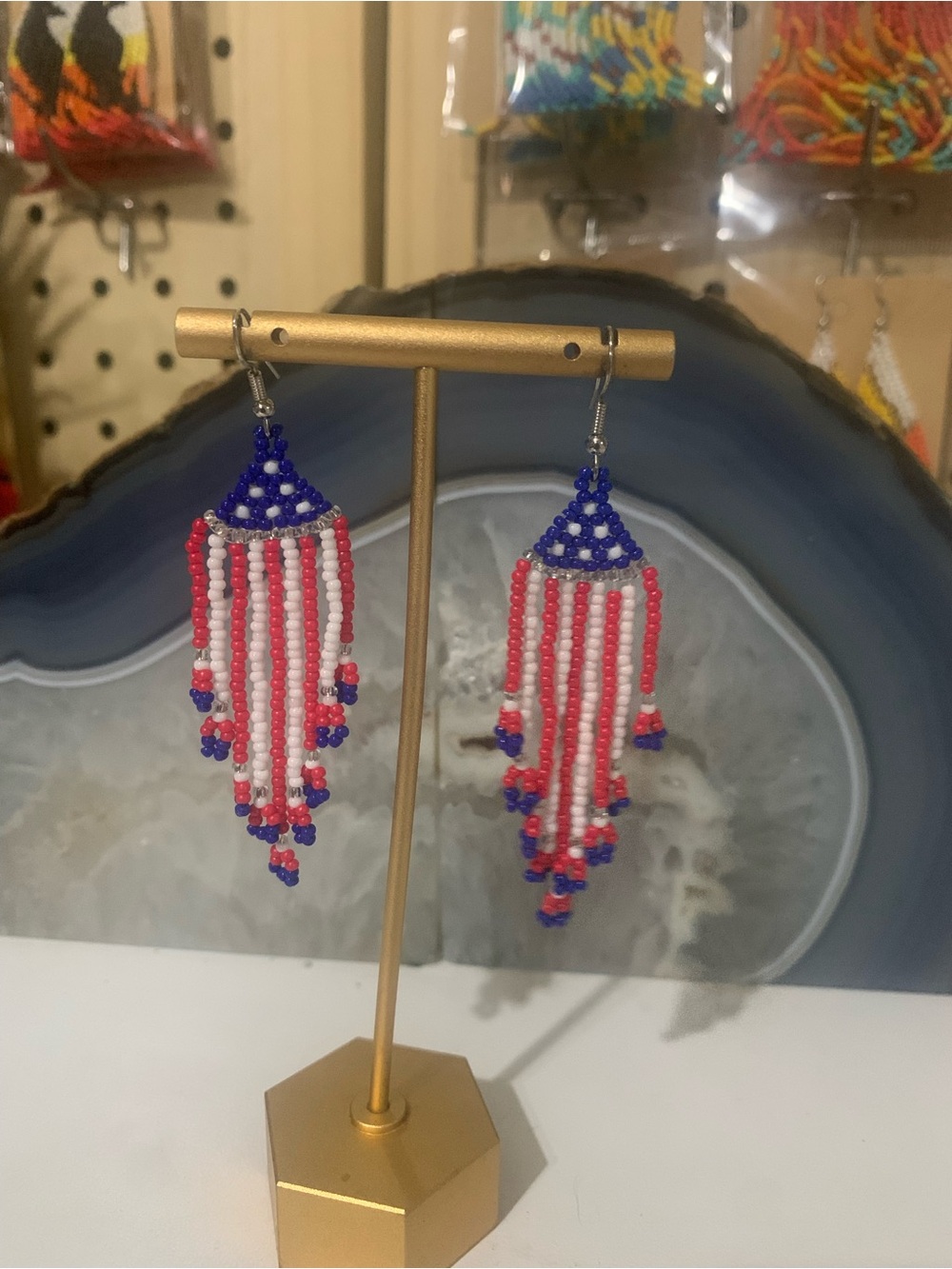 Patriotic Red, White & Blue Beaded Fringe Earrings